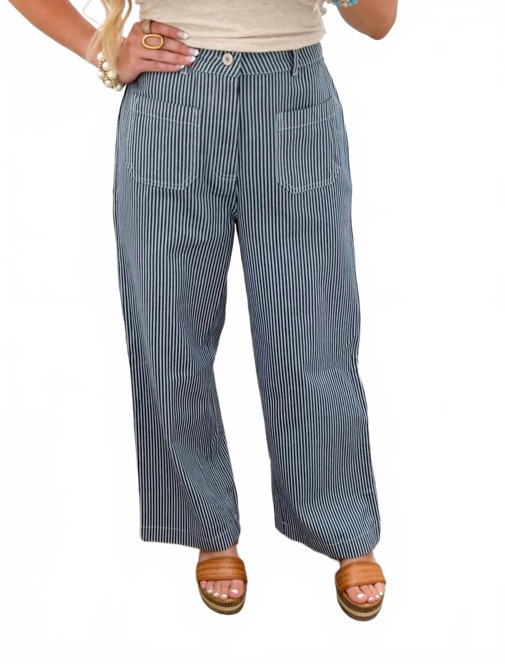 NEW ENTRO coastal lines striped pants in navy